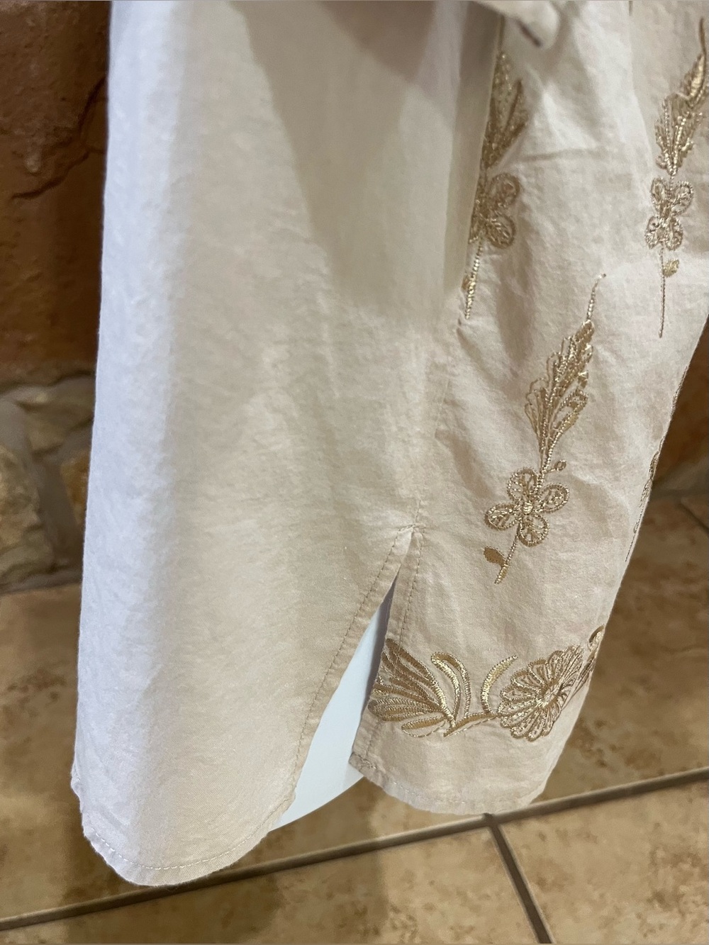 Catherines Light Cotton Blouse 14W/16W Khaki Pleating Buttons Embroidery Detail - Picture 8 of 15